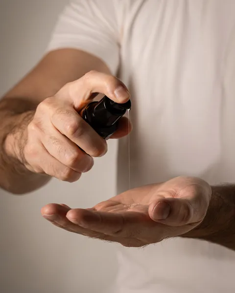 Beard oil being dispensed into an open palm