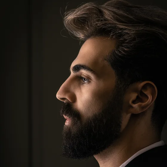 A neatly groomed, finished beard in profile